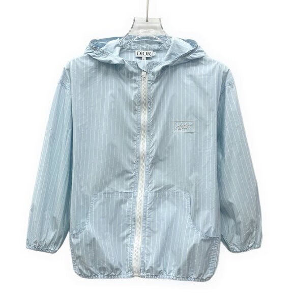 Dior Light Blue Striped Hooded Cotton Blend Long-Sleeve Jacket Size 8 With Logo